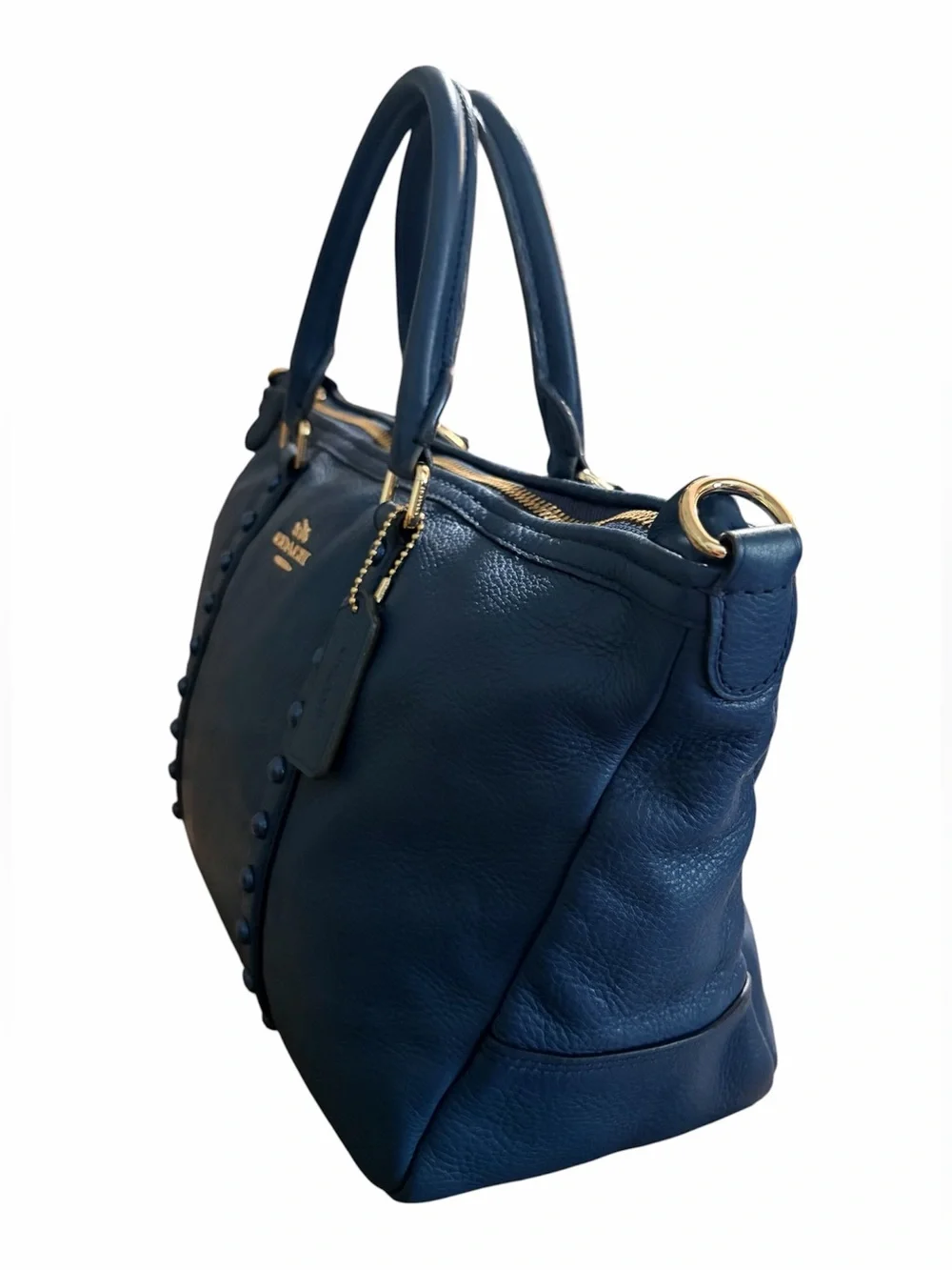 Coach Blue Central Studded Pebble Leather Satchel - Picture 2 of 11